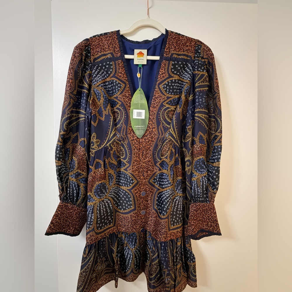 FARM Rio Navy, Brown & Gold Paisley V-Neck Long Sleeve Dress